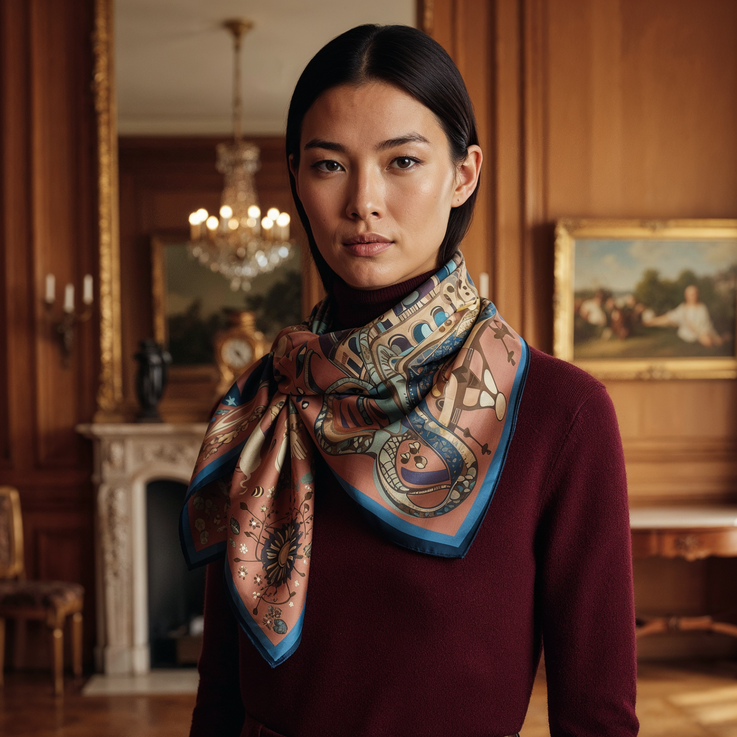NOE MI premium silk scarf in square format showcasing mythic horse, leopard, constellations, and architectural skyline for powerful modern styling.