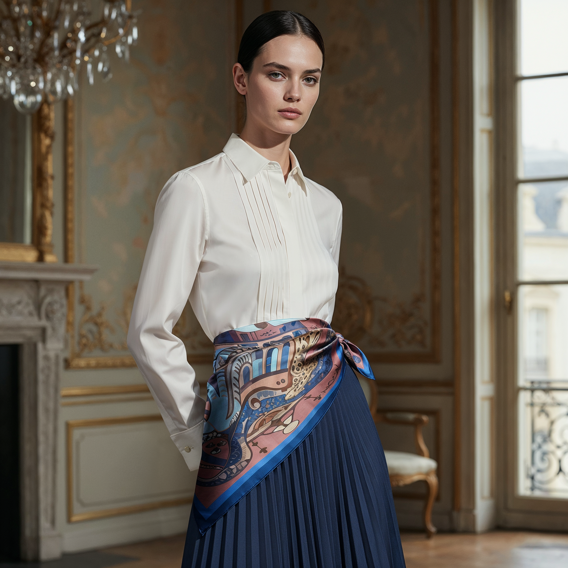 NOE MI luxury silk scarf The Blue Rider designed for women who love bold fashion, symbolic art, and elevated couture inspired accessories.