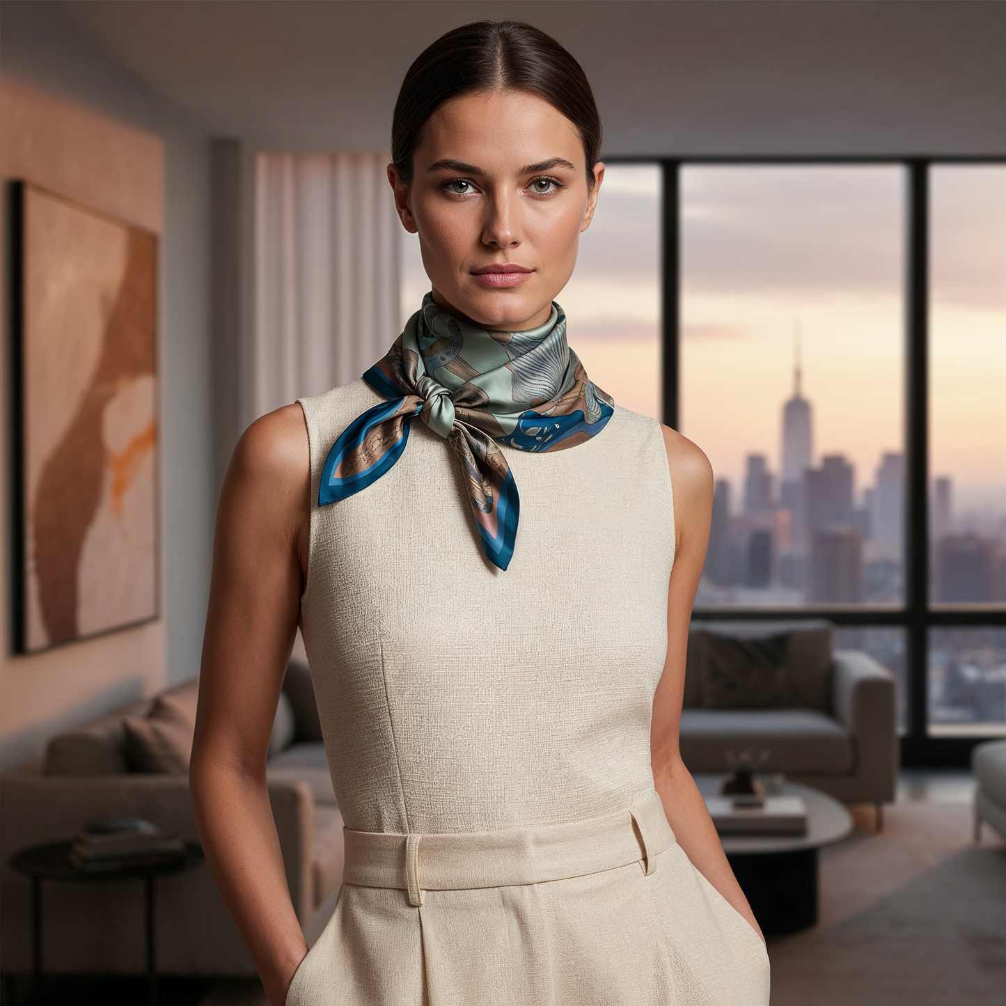 NOE MI collectible silk scarf combining surreal equestrian imagery and zodiac elements in deep blue and terracotta palette for refined fashion expression.