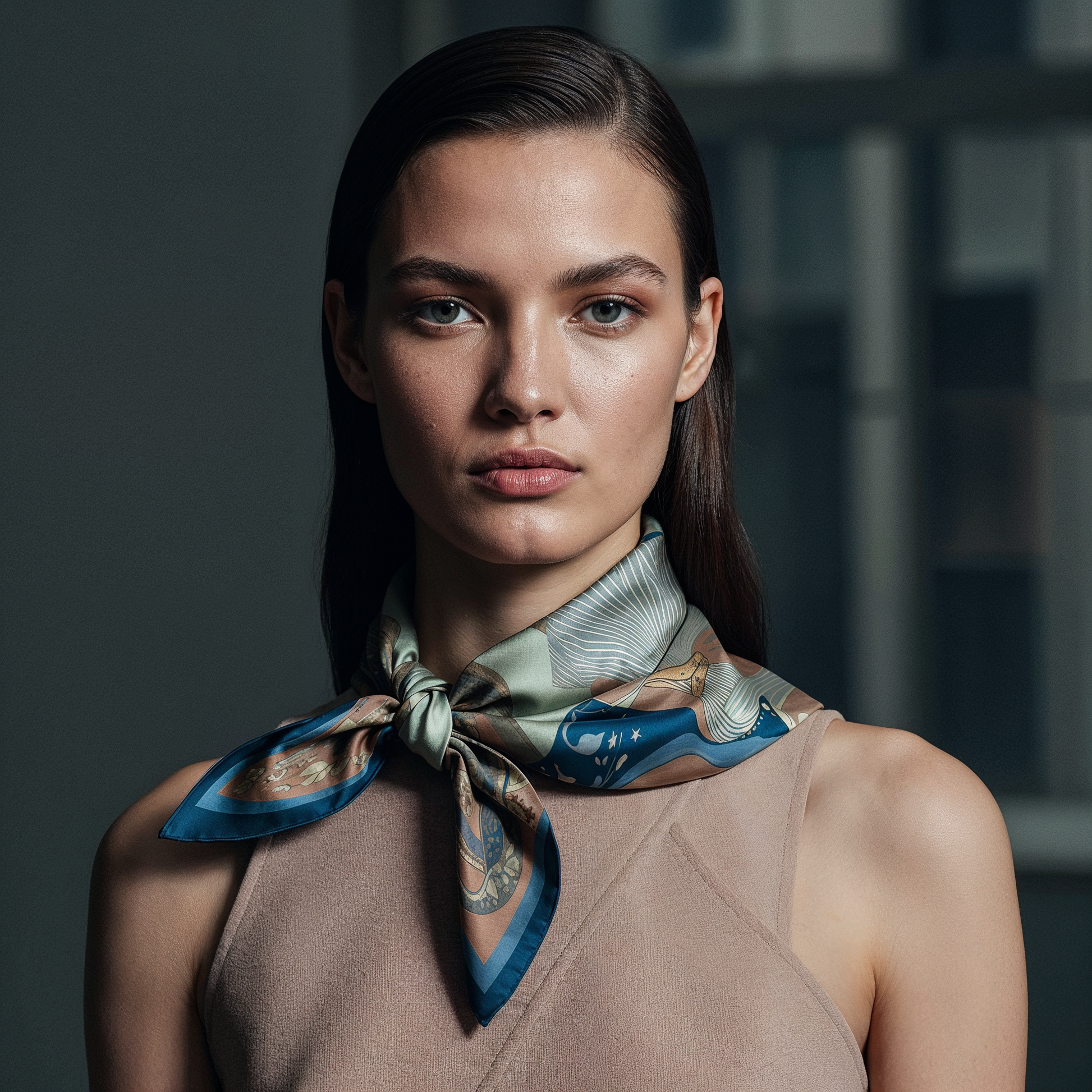 NOE MI high end silk scarf wearable art piece blending feminine strength, movement, and cosmic narrative for luxury wardrobe enhancement.