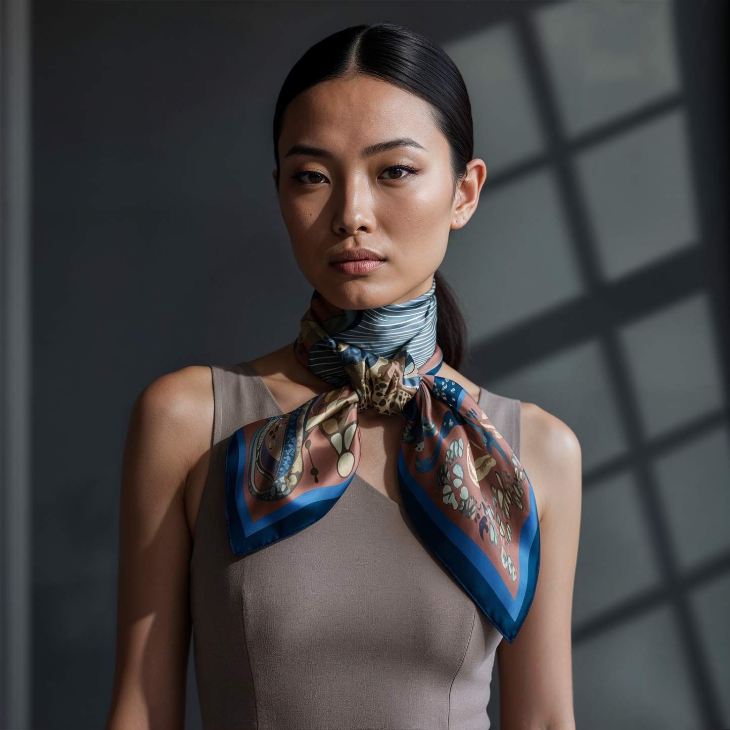 The Blue Rider luxury silk scarf by NOE MI featuring a celestial woman riding a turquoise horse, designed in rich terracotta, sapphire blue, and midnight tones for statement fashion styling