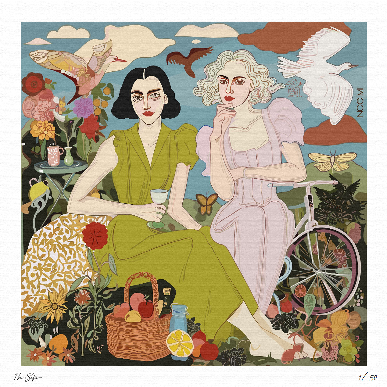 “The Picnic” limited edition art print by NOE MI, featuring two women in a surreal, feminine landscape, ideal for modern art collectors seeking emotional and narrative depth.