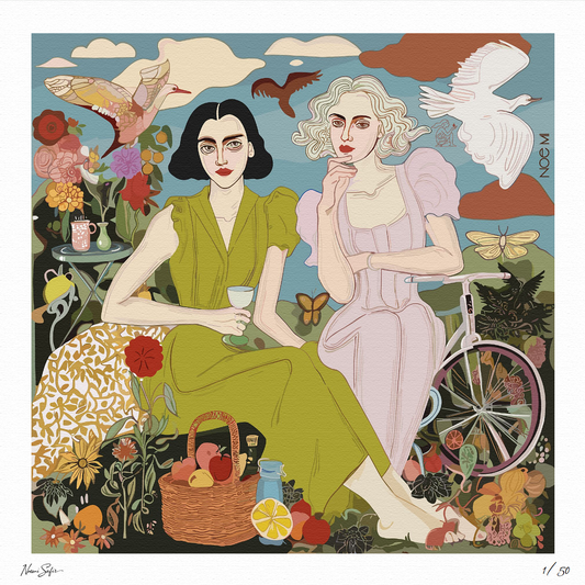 “The Picnic” limited edition art print by NOE MI, featuring two women in a surreal, feminine landscape, ideal for modern art collectors seeking emotional and narrative depth.