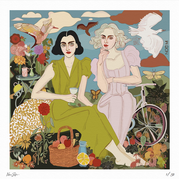 “The Picnic” limited edition art print by NOE MI, featuring two women in a surreal, feminine landscape, ideal for modern art collectors seeking emotional and narrative depth.