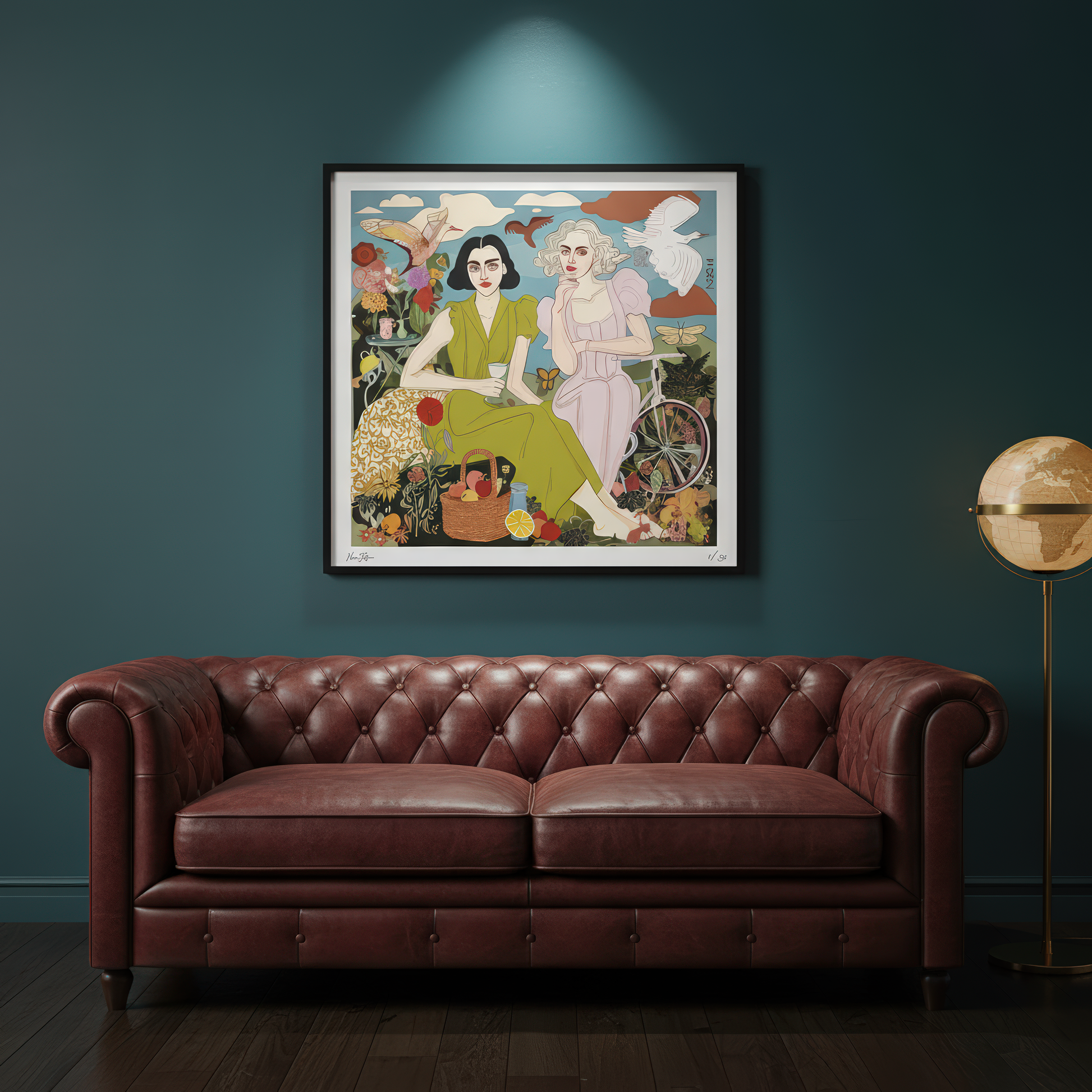 Surreal art print by NOE MI, featuring emotional storytelling between two women in nature, with warm earthy colors and soft poetic energy.