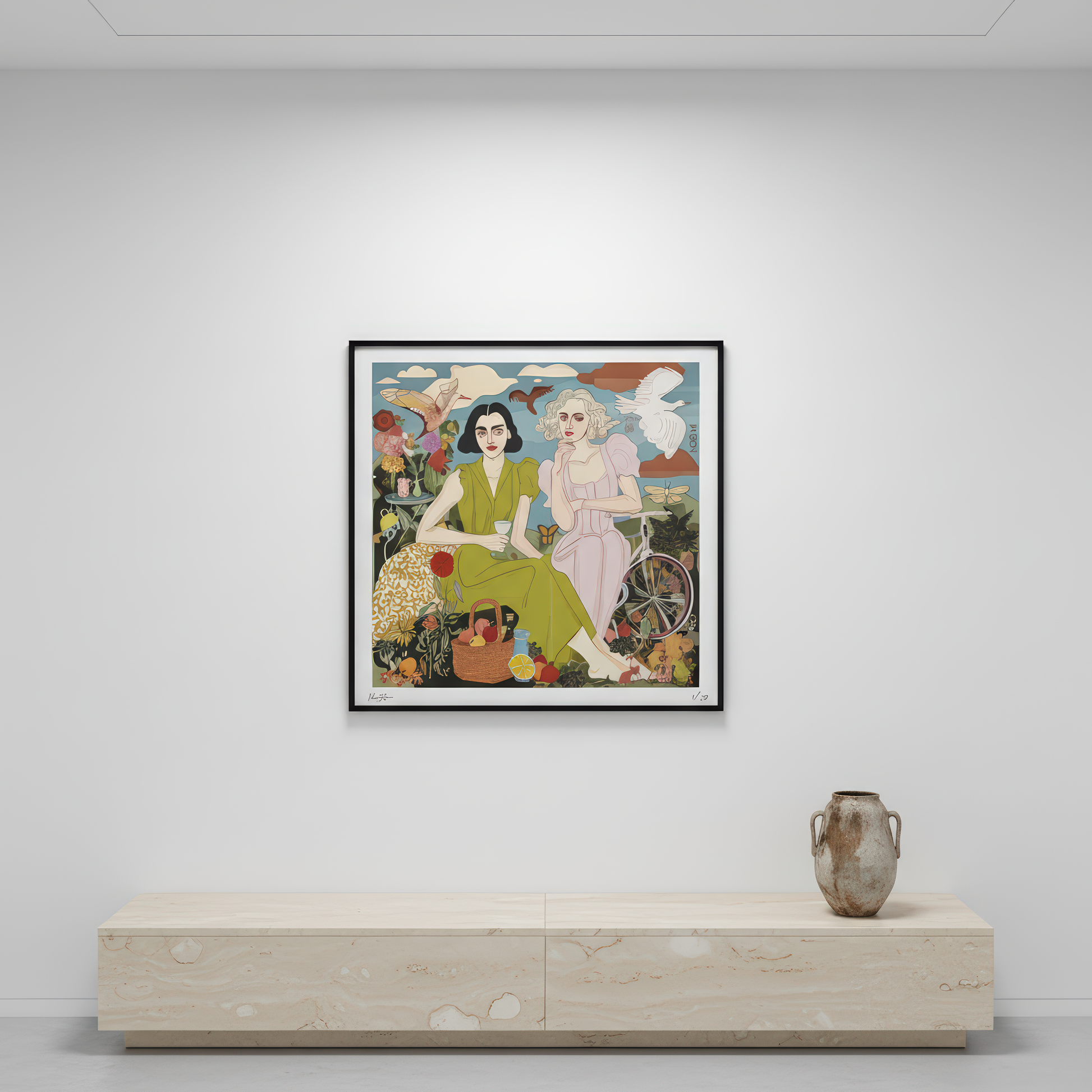 Stylish wall art print for home or office, featuring a surreal feminine scene from NOE MI’s symbolic universe of women and nature.