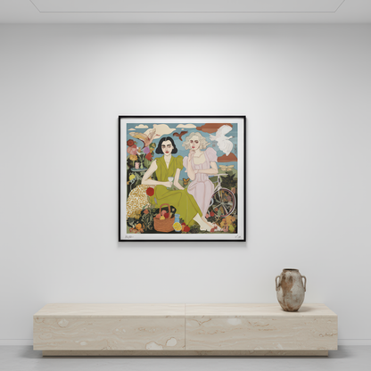 Stylish wall art print for home or office, featuring a surreal feminine scene from NOE MI’s symbolic universe of women and nature.
