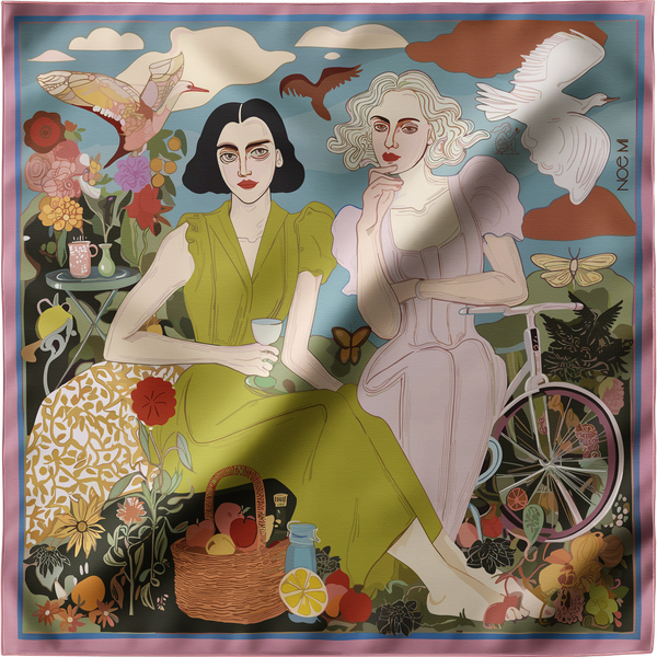 Emotional and collectible high fashion silk scarf by NOE MI, titled 'The Picnic', combining feminine elegance, storytelling, and whimsical illustration on premium silk.