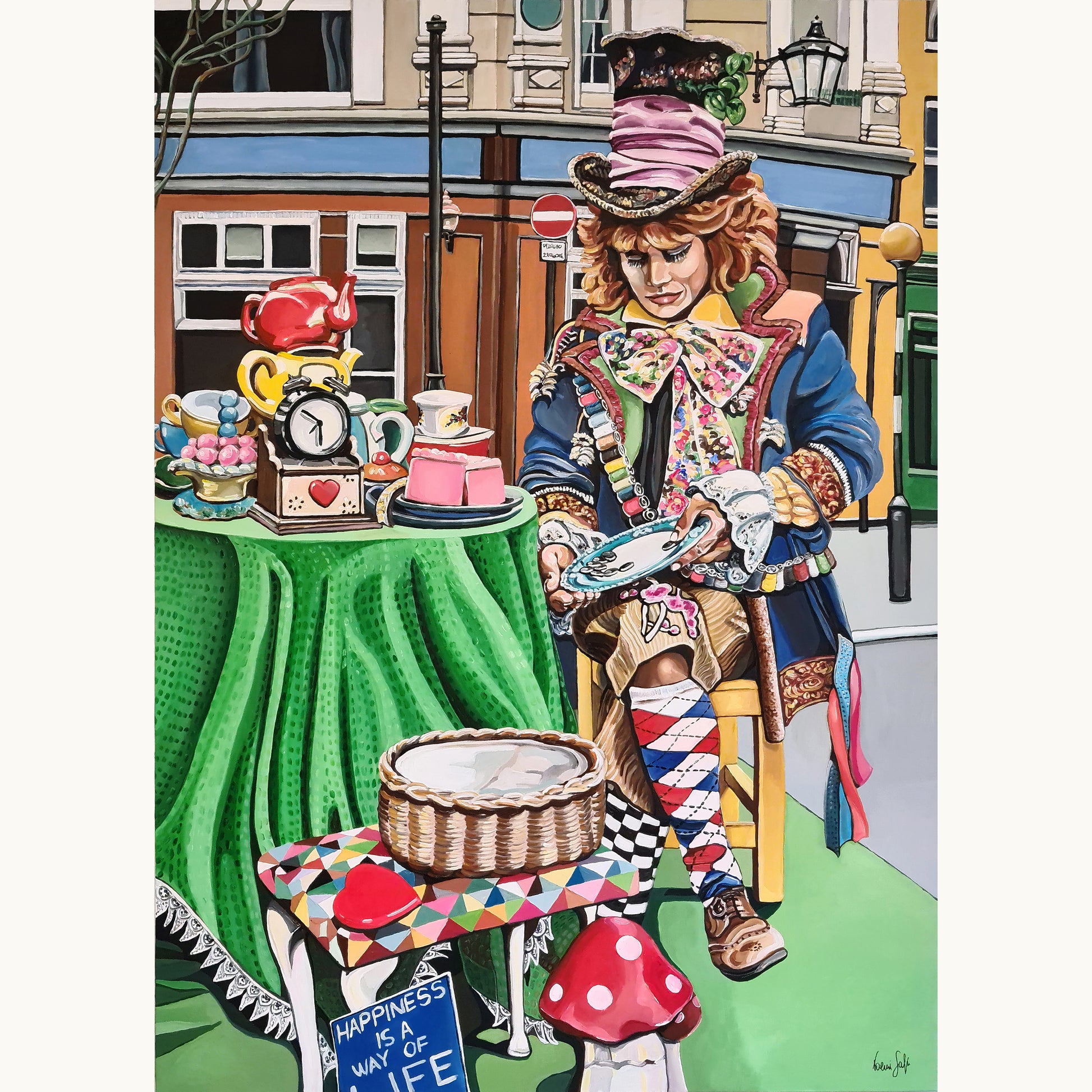 Noemi Safir 'The Mad Hatter' original acrylic painting on canvas, a highly collectible 2022 contemporary figurative artwork about fantasy, transformation, feminine identity, and beauty with meaning.