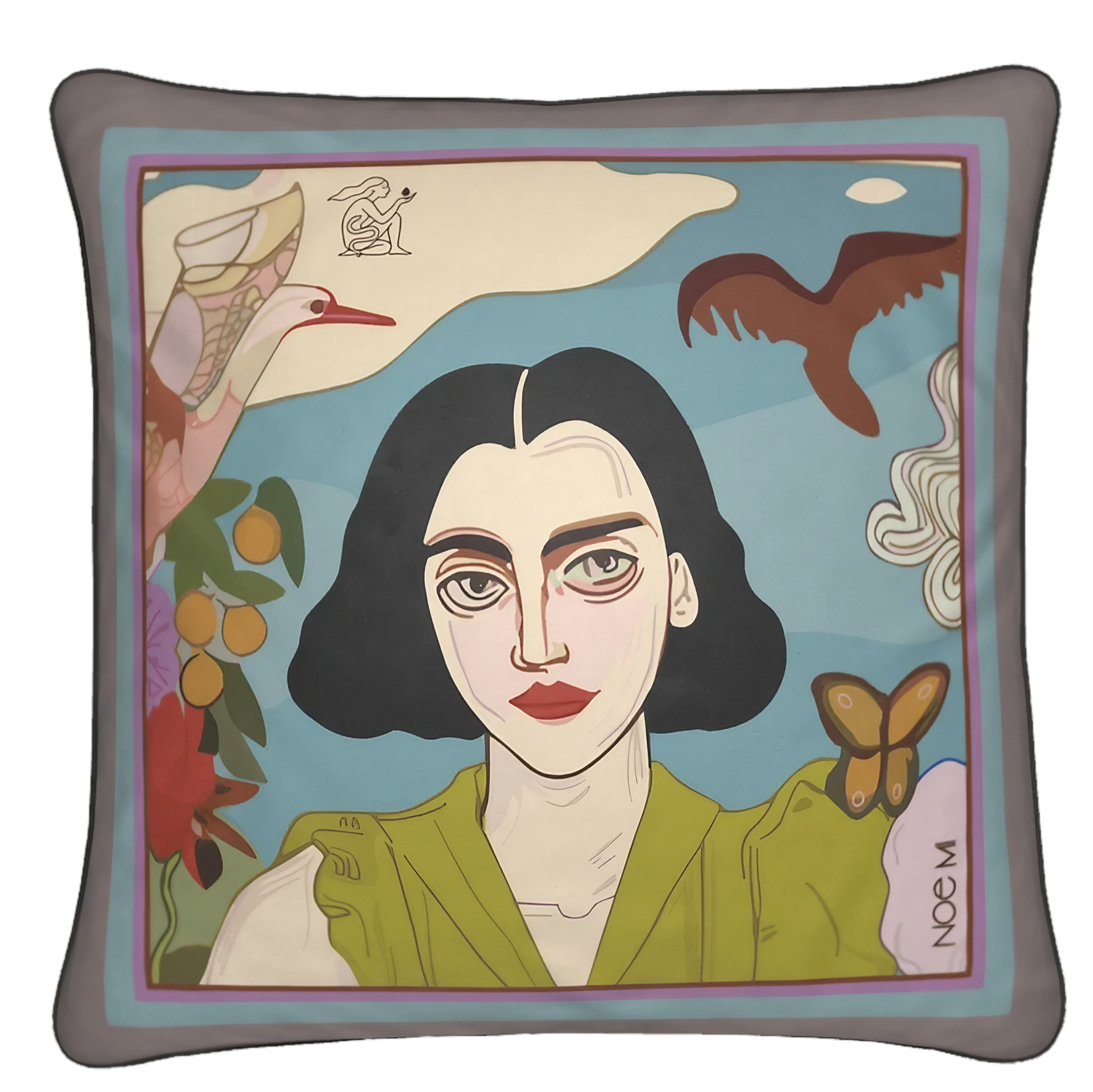NOE MI square cushion titled Wild Beauty, spotlighting a dark-haired woman with piercing eyes, virds and nature