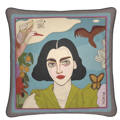 NOE MI square cushion titled Wild Beauty, spotlighting a dark-haired woman with piercing eyes, virds and nature