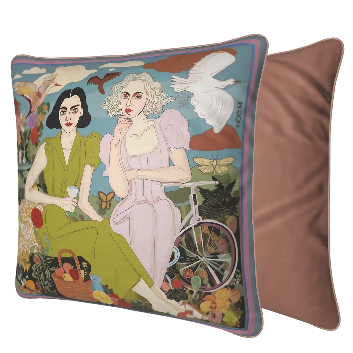 Artistic decorative cushion with detailed surreal landscape including women, birds, butterflies, and flowers. Designed by NOE MI