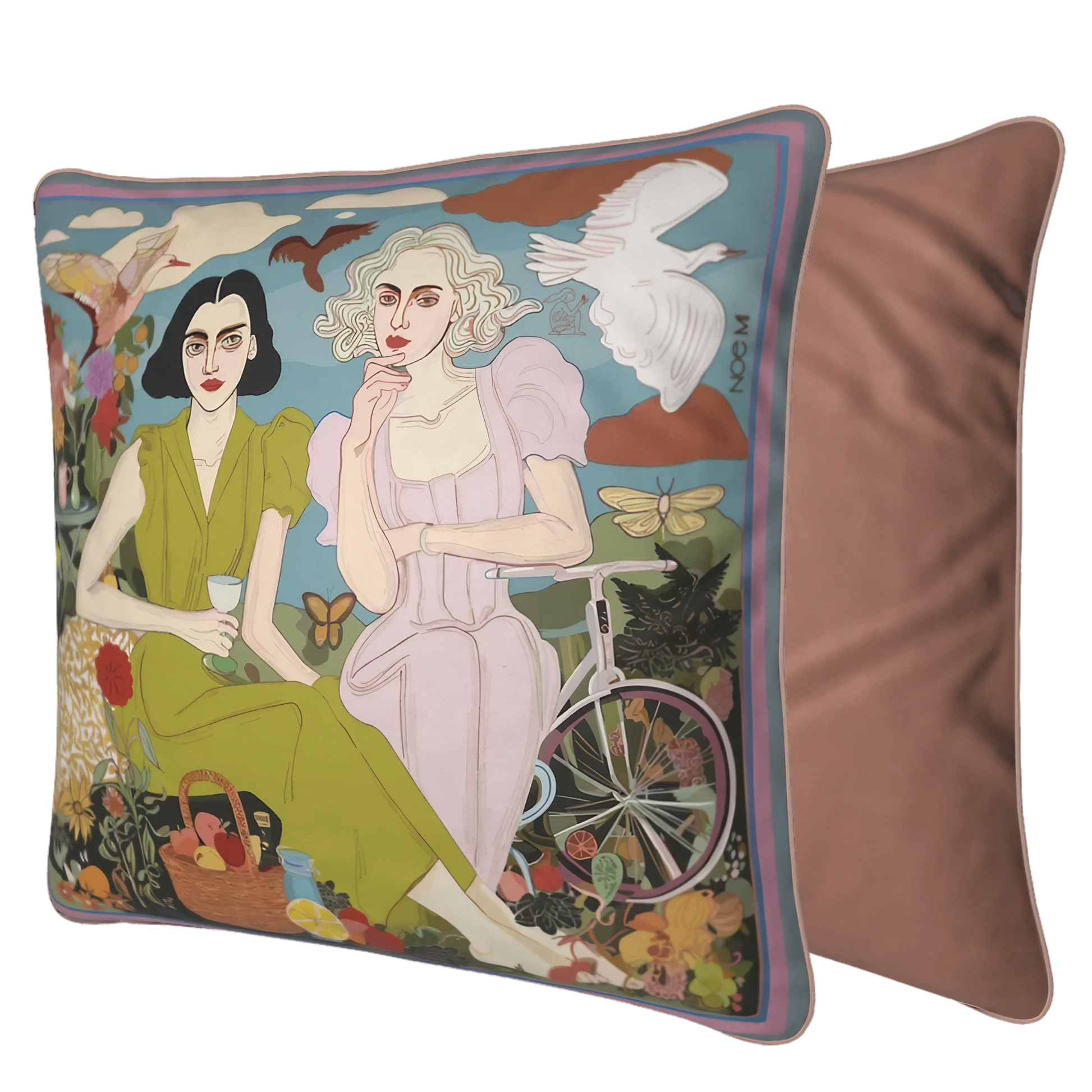 Artistic decorative cushion with detailed surreal landscape including women, birds, butterflies, and flowers. Designed by NOE MI