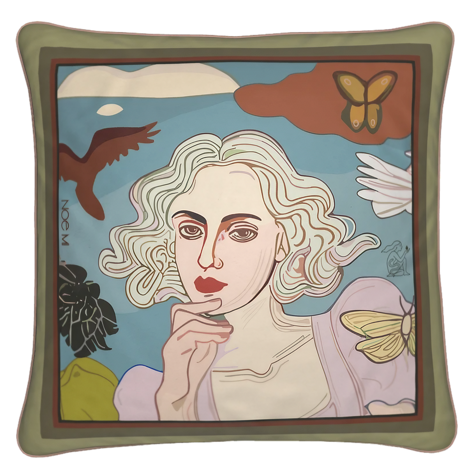 NOE MI cushion titled Morning Muse, featuring a close-up portrait of a blonde woman with soft curls surrounded by nature