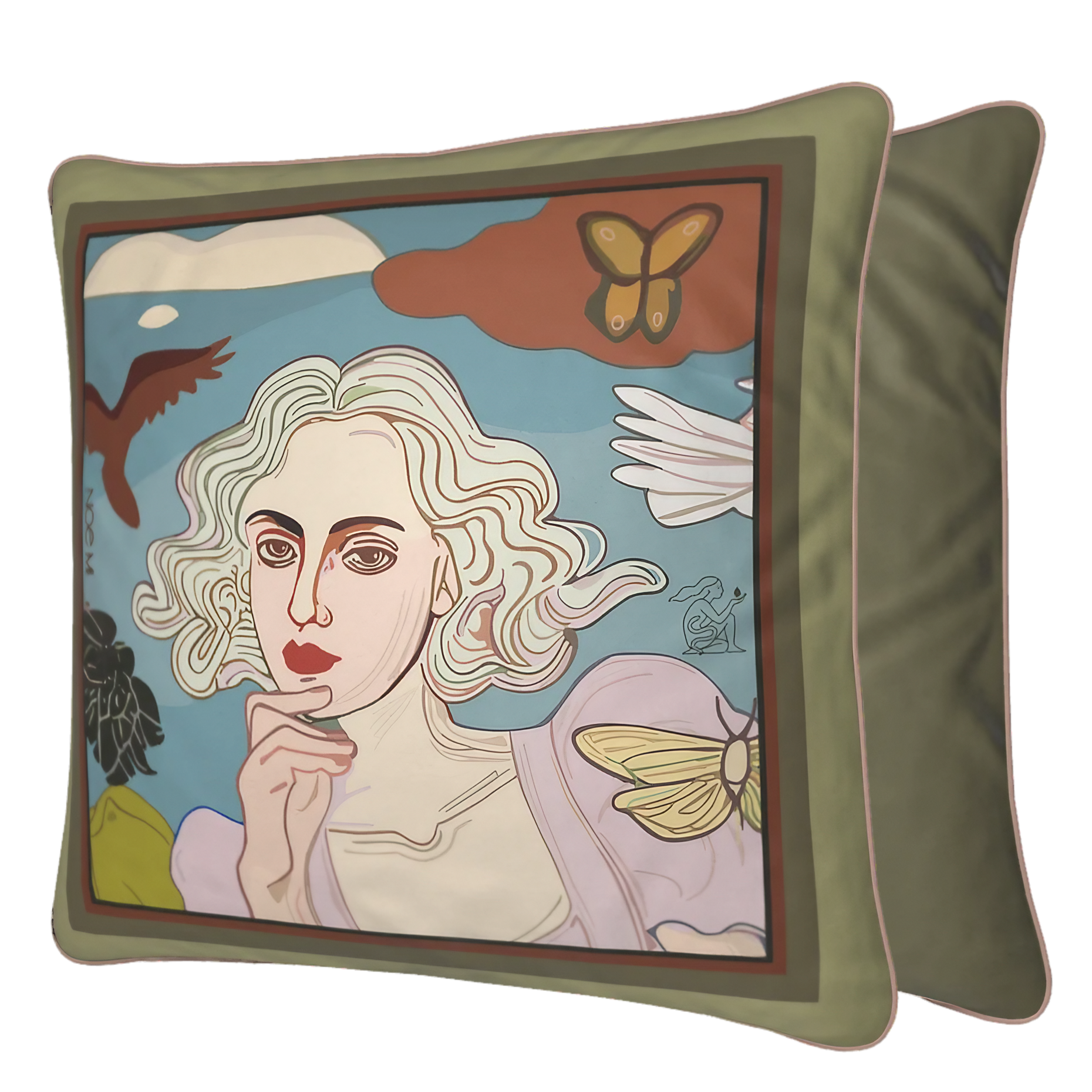 Artistic velvet square pillow with dreamy sky, clouds, and symbolic butterflies. Designed by NOE MI art couture brand