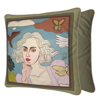 Artistic velvet square pillow with dreamy sky, clouds, and symbolic butterflies. Designed by NOE MI art couture brand