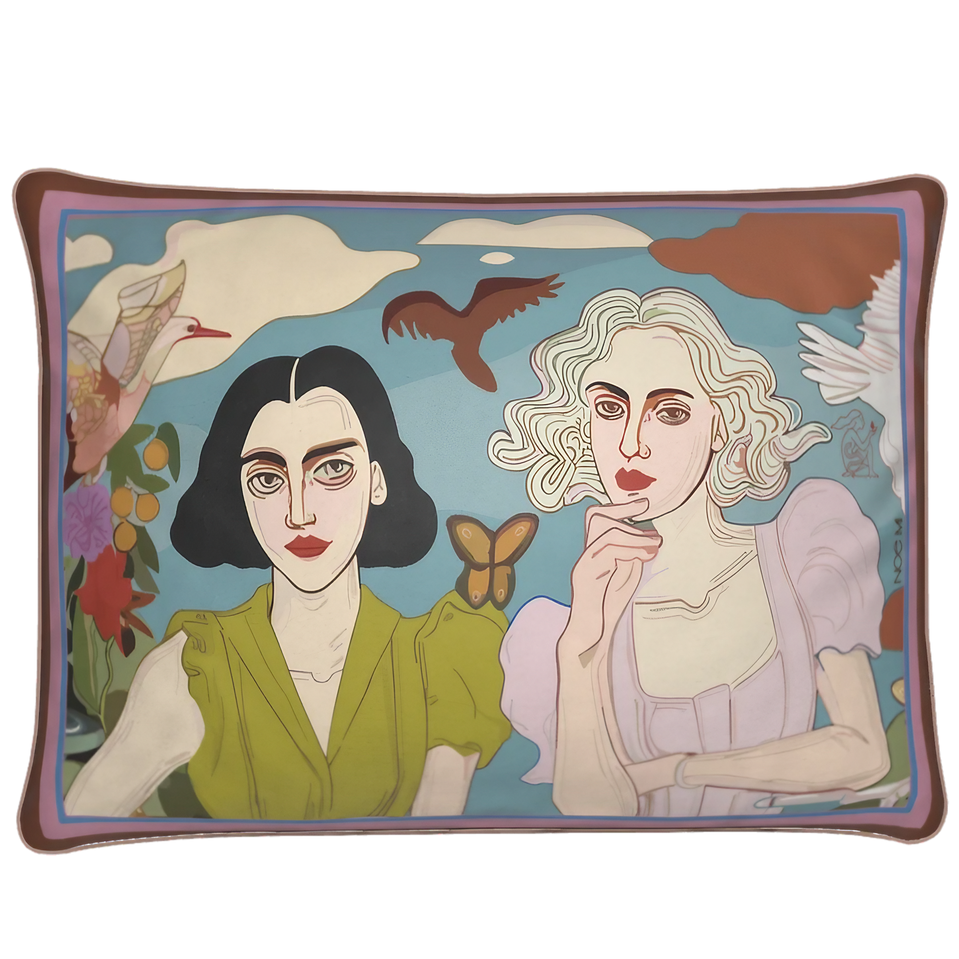 NOE MI rectangular cushion titled Lemon & Lace, featuring bare feet, lace cloth, and a fruit basket. Perfect for luxurious interiors