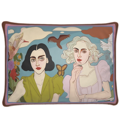 NOE MI rectangular cushion titled Lemon & Lace, featuring bare feet, lace cloth, and a fruit basket. Perfect for luxurious interiors