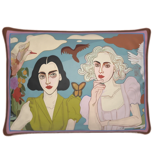 NOE MI rectangular cushion titled Lemon & Lace, featuring bare feet, lace cloth, and a fruit basket. Perfect for luxurious interiors