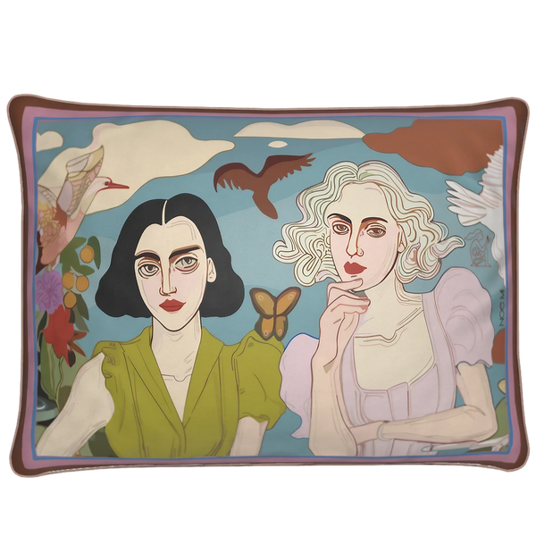 NOE MI rectangular cushion titled Lemon & Lace, featuring bare feet, lace cloth, and a fruit basket. Perfect for luxurious interiors