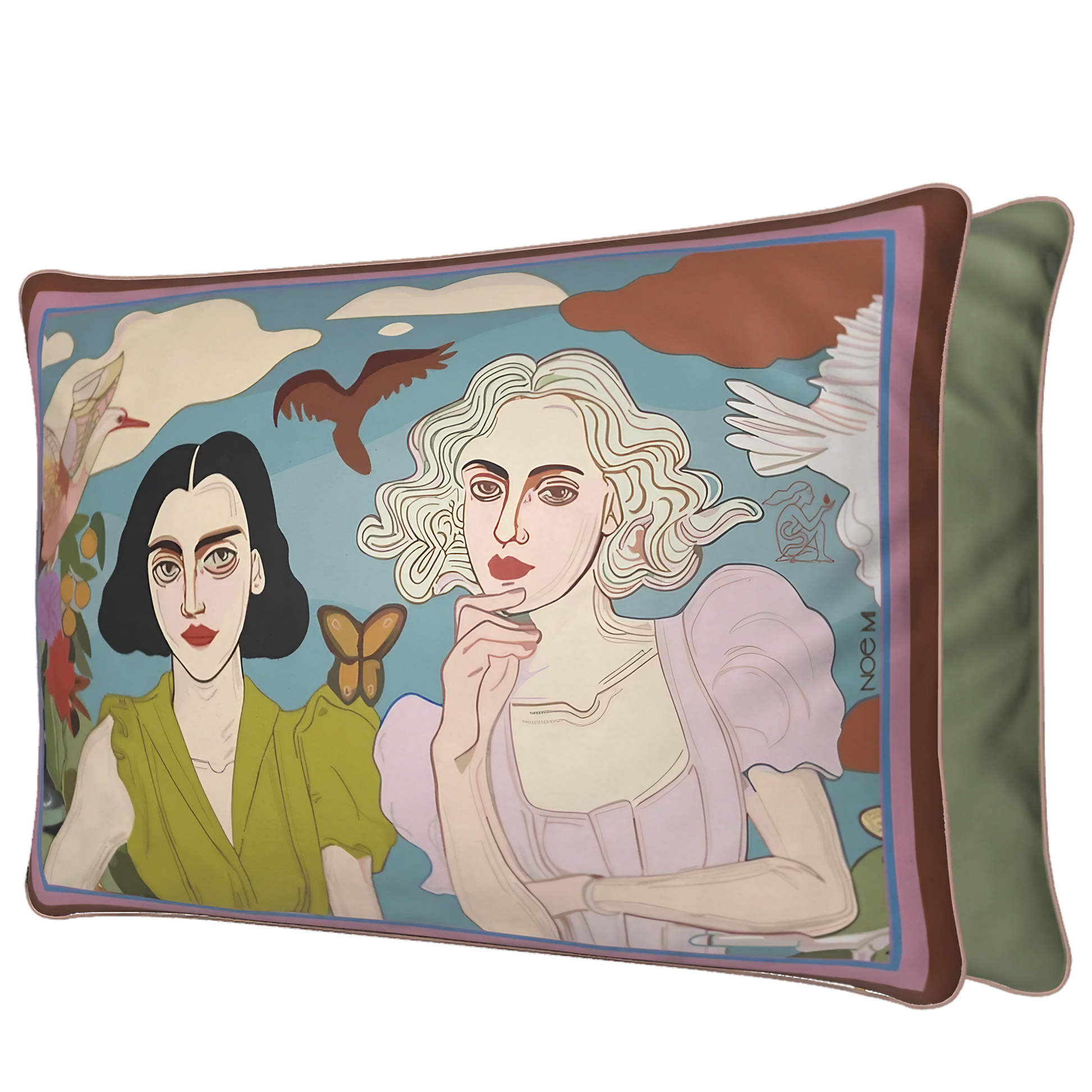 Artistic velvet pillow showcasing lemons, flowers, and picnic elements in pastel tones. Rectangular cushion design by NOE MI art couture brand