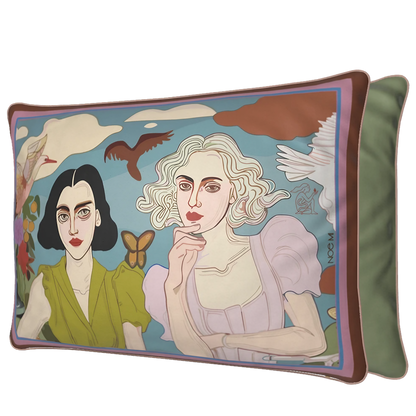 Artistic velvet pillow showcasing lemons, flowers, and picnic elements in pastel tones. Rectangular cushion design by NOE MI art couture brand