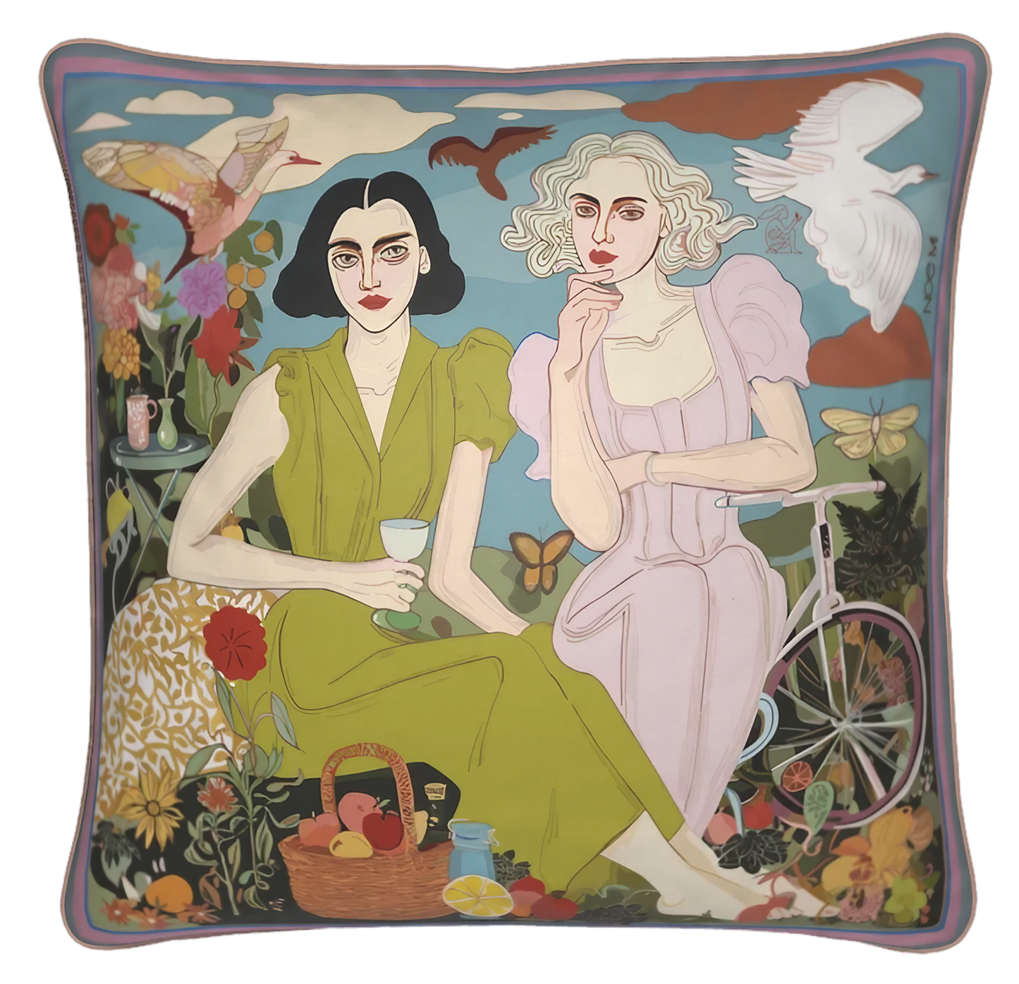 The Picnic velvet square cushion by NOE MI featuring an illustrated scene of two women enjoying a dreamy picnic. Designed to empower every space and make it unique