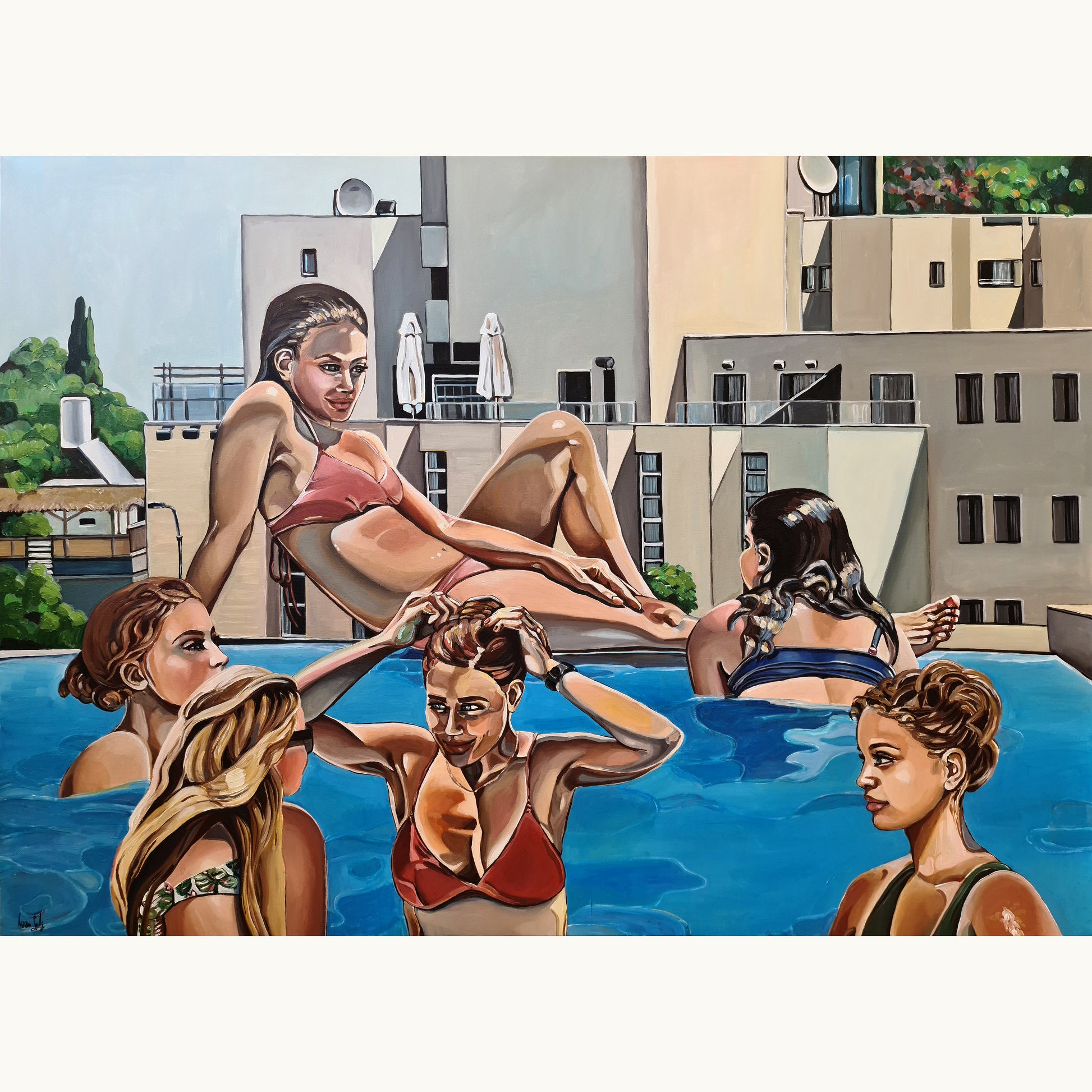 Noemi Safir 'The Pool Party' original acrylic painting on canvas, a highly collectible 2021 contemporary figurative artwork from Sweet Little Chaos about women, summer, shared space, emotional distance, and beauty with meaning.