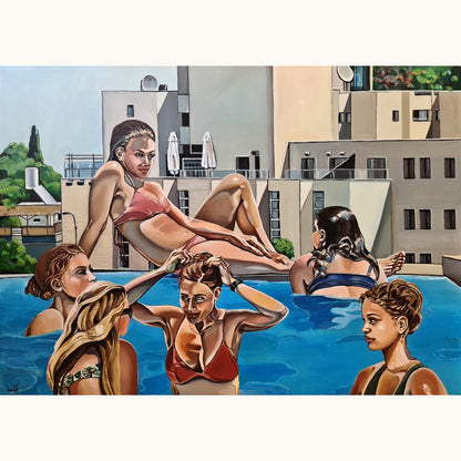 Noemi Safir 'The Pool Party' original acrylic painting on canvas, a highly collectible 2021 contemporary figurative artwork from Sweet Little Chaos about women, summer, shared space, emotional distance, and beauty with meaning.