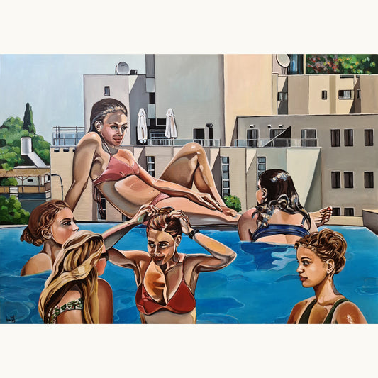 Noemi Safir 'The Pool Party' original acrylic painting on canvas, a highly collectible 2021 contemporary figurative artwork from Sweet Little Chaos about women, summer, shared space, emotional distance, and beauty with meaning.