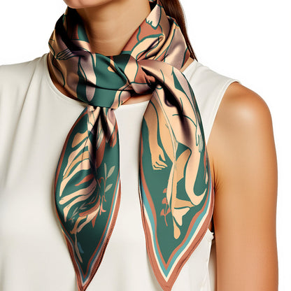 Woman wearing a patterned NOE MI luxury art silk twill scarf in green and brown on her neck against a white background
