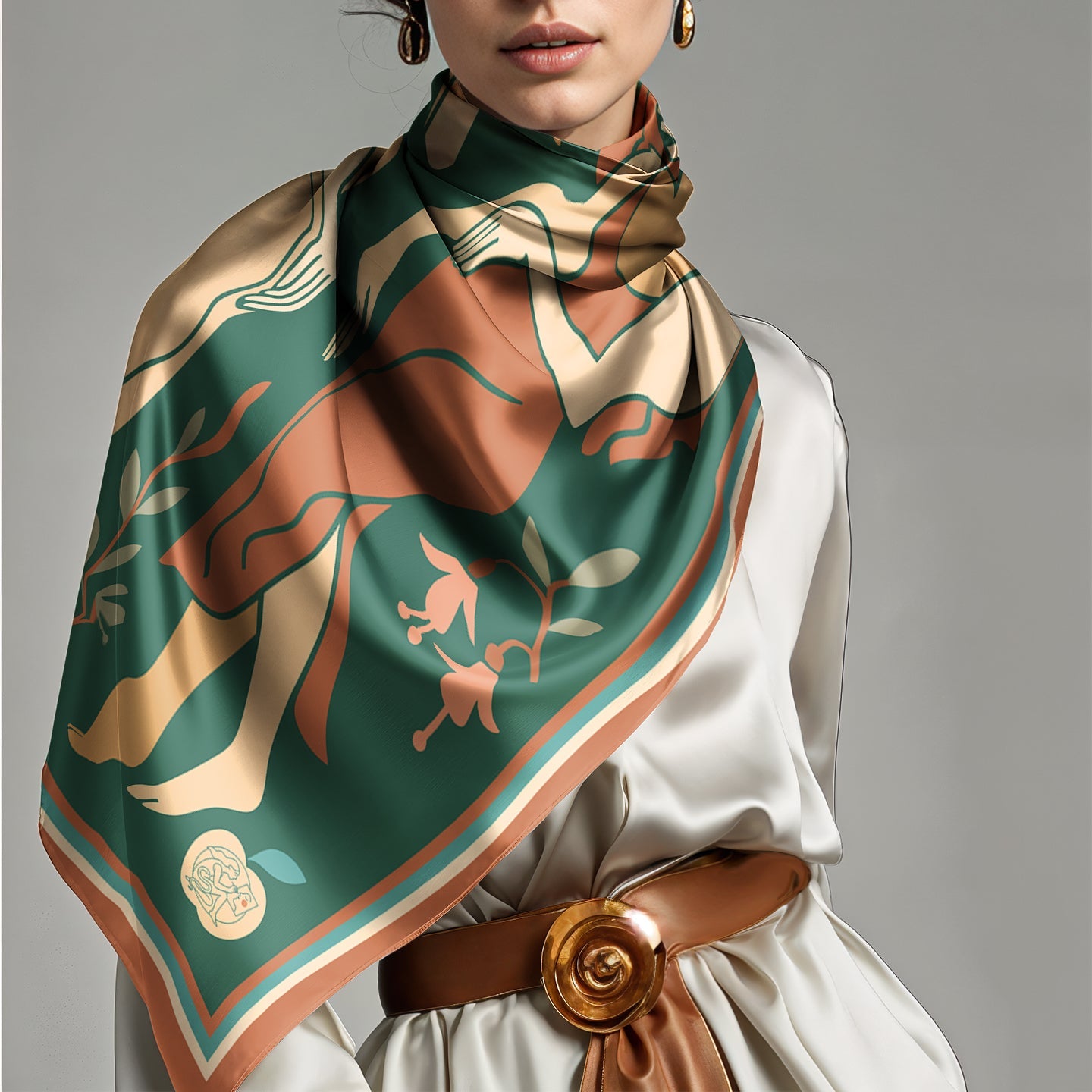 Woman wearing a colorful NOE MI luxury art silk twill scarf in green and brown with artistic design by NOE MI