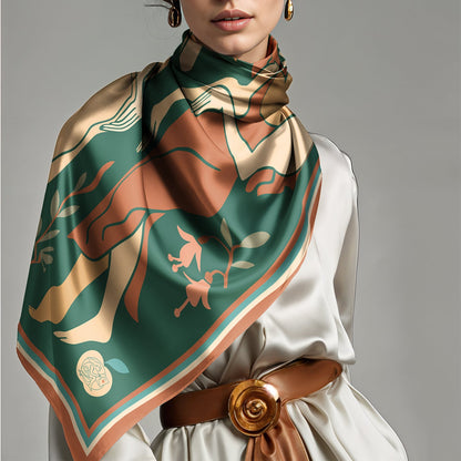 Woman wearing a colorful NOE MI luxury art silk twill scarf in green and brown with artistic design by NOE MI