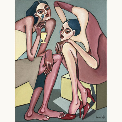 Noemi Safir Too Pretty to Behave original acrylic painting on canvas, a highly collectible contemporary figurative artwork about women, beauty, performance and beauty with meaning.