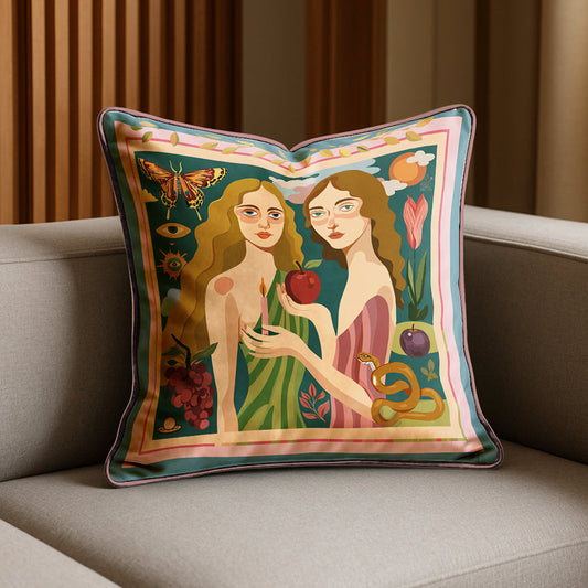Decorative pillow with a classical artistic design of two figures, an apple, and a snake on a beige couch. design by NOE MI