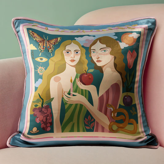 Luxury home décor cushion of two women in a surreal background designed by NOE MI