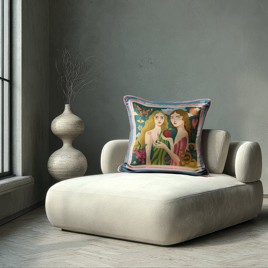 Decorative velvet pillow with unique art illustration and rich colors designed by NOE MI