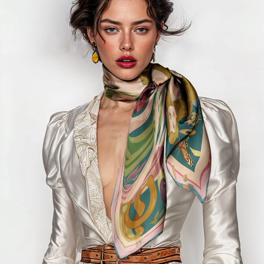 Woman wearing an artistic printed silk twilll scarf designed by NOE MI