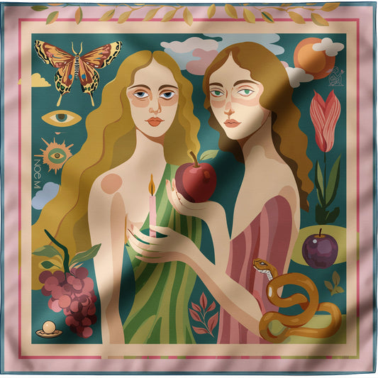 Decorative silk twill NOE MI scarf with artistic depiction of two women, an apple, and a snake, framed by nature elements.