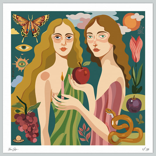 A Limited Edition wall art print of two figures holding an apple, surrounded by nature elements like a butterfly, flowers, and fruits.