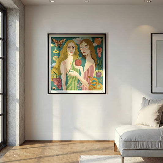 Framed A Limited Edition wall art print of two women with an apple and a snake in a modern living room.