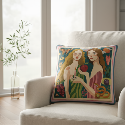 Decorative pillow with a classical artistic design of two figures, an apple, and a snake on a beige couch. design by NOE MI