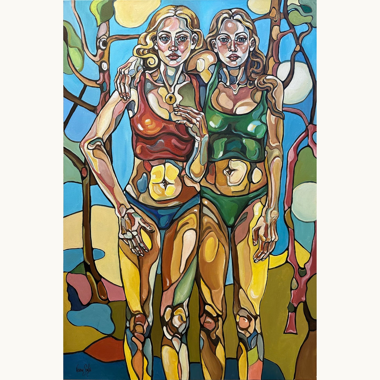 Noemi Safir Until Dawn Breaks original acrylic painting on canvas, a highly collectible contemporary figurative artwork about women, female alliance, endurance, symbolic storytelling, and beauty with meaning.