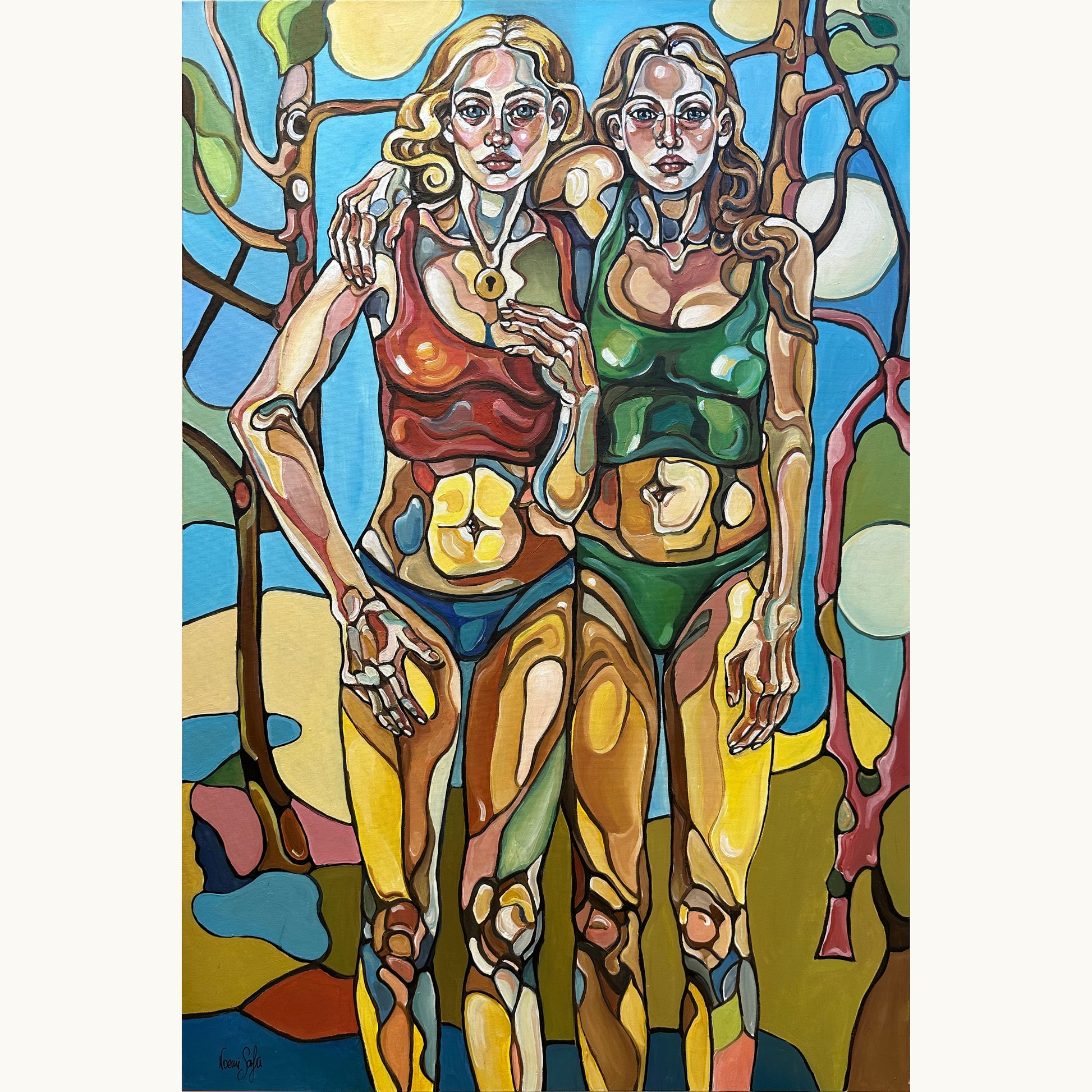 Noemi Safir Until Dawn Breaks original acrylic painting on canvas, a highly collectible contemporary figurative artwork about women, female alliance, endurance, symbolic storytelling, and beauty with meaning.