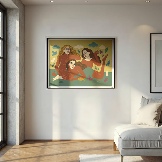 Colorful  Limited Edition NOE MI wall art print of three women on a wall in a modern living room.