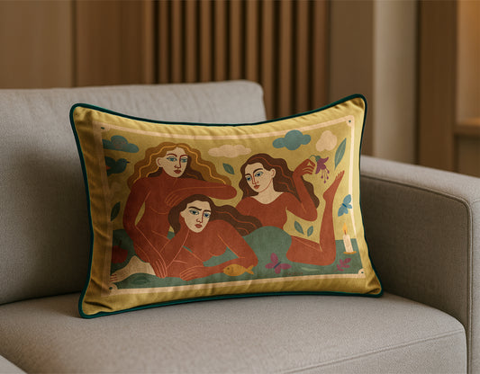 Decorative rectangular art velvet pillow/cushion with artistic design of three women on a beige sofa.