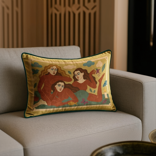 NOE MI home accent rectangular cushion inspired by Noemi Safir artwork, crafted with symbolic  storytelling and emotion into every space.