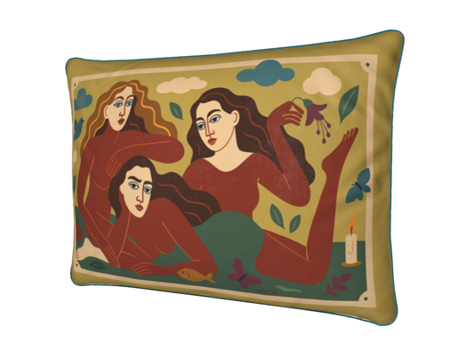 Decorative rectangular luxury velvet pillow/cushion with artistic design of three women and various elements on a green background.