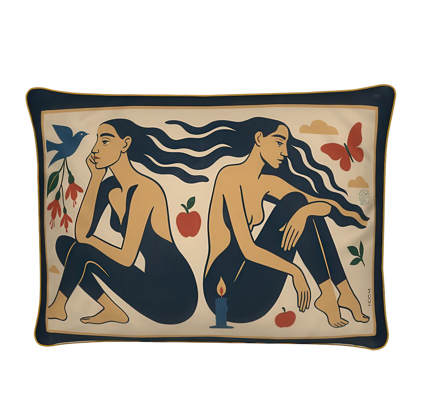Decorative rectangular luxury velvet pillow/cushion in yellow with artistic design of two women, apples, and a butterfly on a beige background.