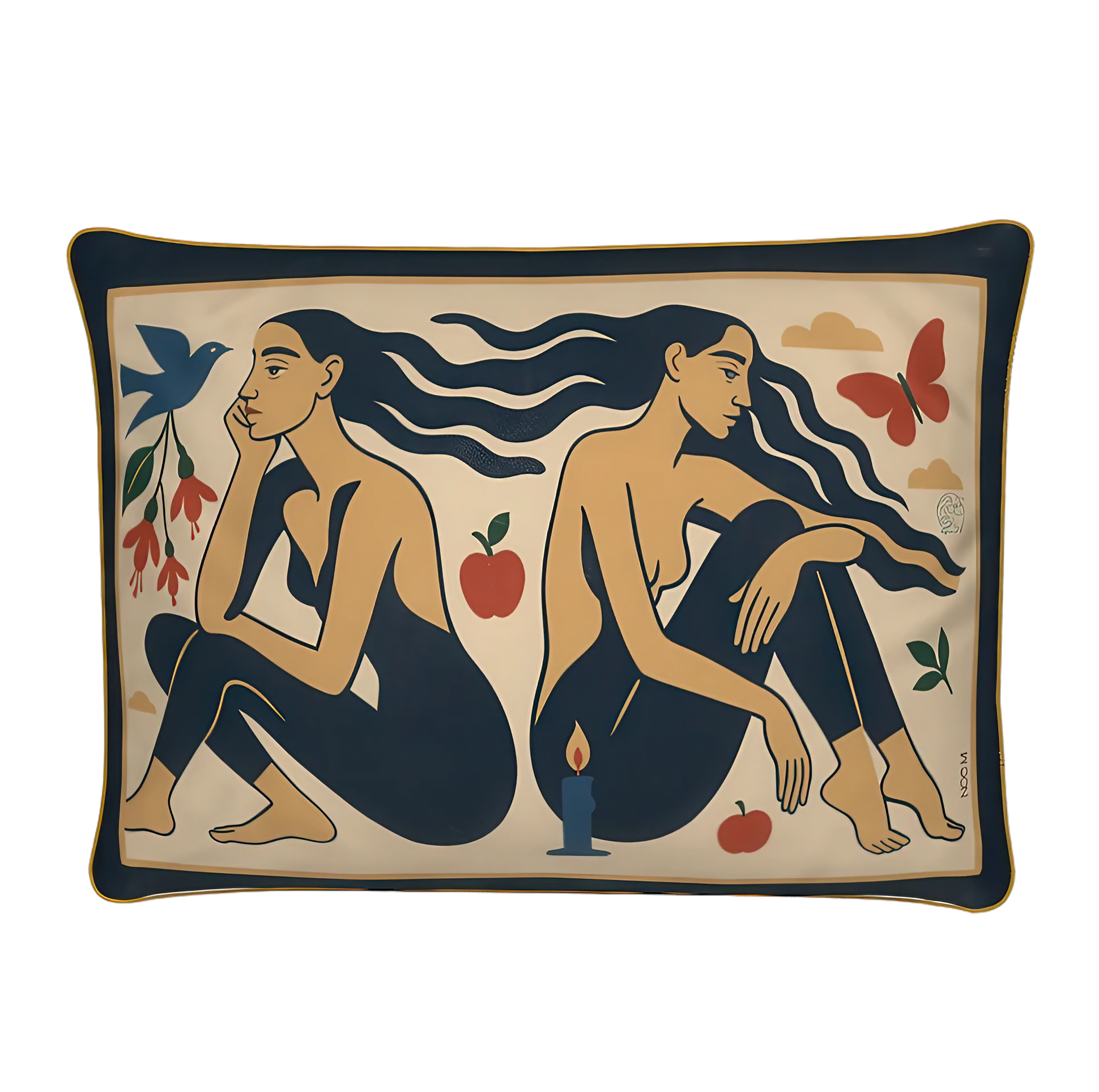Decorative rectangular luxury velvet pillow/cushion in yellow with artistic design of two women, apples, and a butterfly on a beige background.